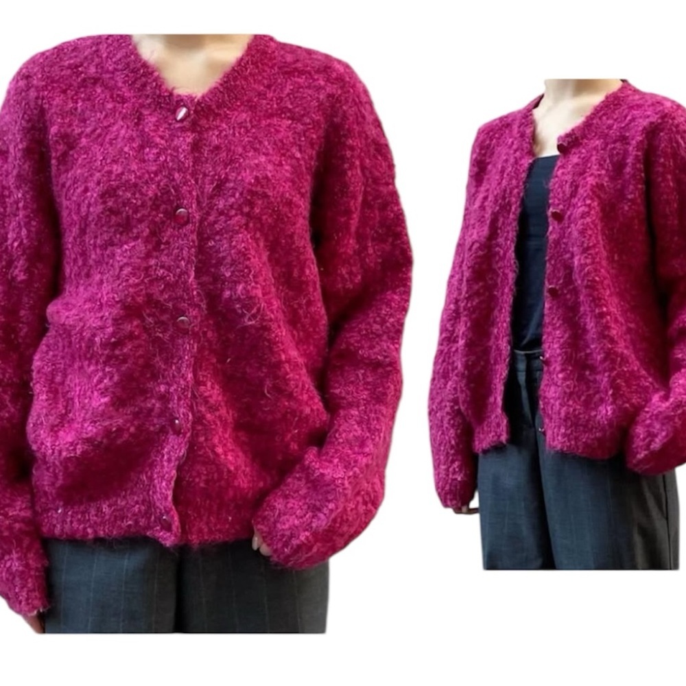 Fuzzy Button-Front Cardigan Sweater in Deep Magenta